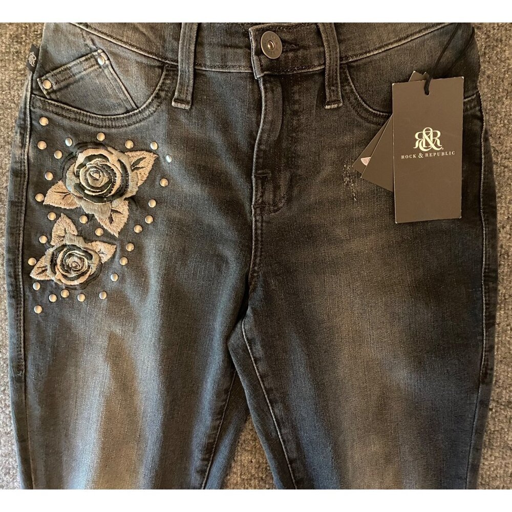 Rock & Republic Hearts Collide Jeans Womens‎ 6 Black Distressed Mid-Rise Denim